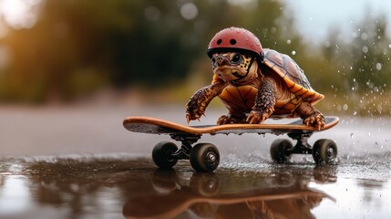 A cute turtle wearing a helmet, skateboarding on wet pavement, capturing a playful moment filled with fun and creativity, showcasing an unexpected twist on a classic sport.