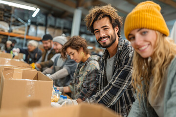 Smiling volunteers assemble relief packages in a warehouse