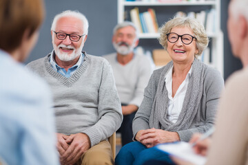 Seniors happily engage in a vibrant community group discussion