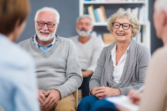Seniors happily engage in a vibrant community group discussion