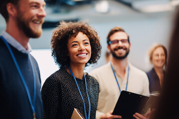 People engaged in a lively business conference discussion