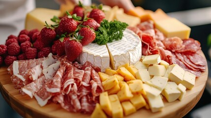 A vibrant cheese platter filled with fresh ingredients like berries and greens, showcasing a delightful variety of textures and colors perfect for sharing during gatherings.