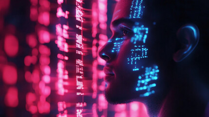 Profile of a person with digital overlay and pink and blue neon lights in the background