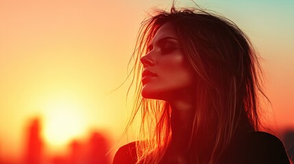 A captivating silhouette of a woman with long hair against a vibrant sunset, evoking a sense of tranquility and introspection in a serene urban environment.