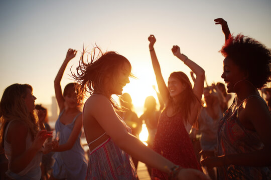People are dancing joyfully at a vibrant outdoor sunset party