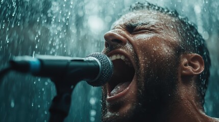 A passionate singer belts out a powerful performance under cascading water, capturing the raw emotions and energy of live music combined with a dramatic rain backdrop.