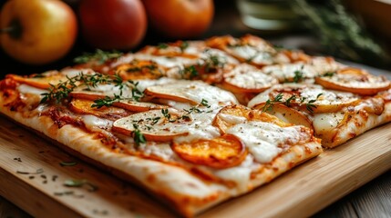 A delicious rectangular pizza is topped with fresh ingredients and herbs, showcasing mouthwatering flavors and inviting textures that promise satisfaction.