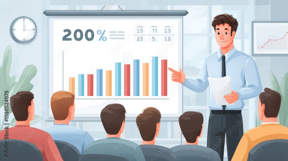 Poster engaging business presentation with charts and graphs captivating an audience in a professional sett