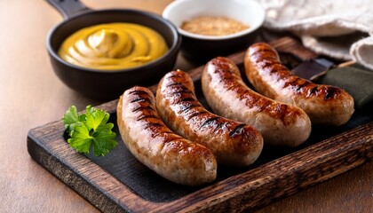 grilled bratwurst sausages with mustard