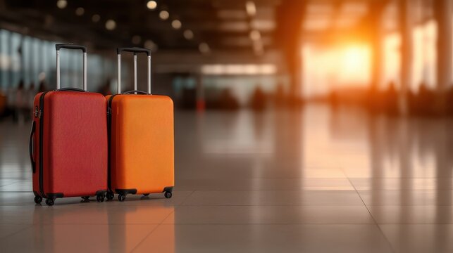 Two vibrant suitcases stand on the sleek floor of an airport terminal, symbolizing travel, adventure, and the excitement of exploring new places through journeys.
