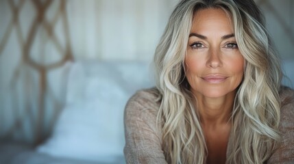 Fototapeta premium A serene portrait of a middle-aged woman with flowing hair and a natural glow, captured in a moment of authenticity, radiating confidence, beauty, and tranquility in her expression.