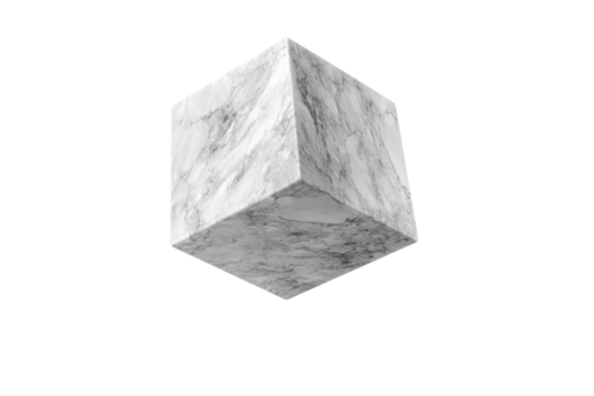 A white marble cube is floating in the air