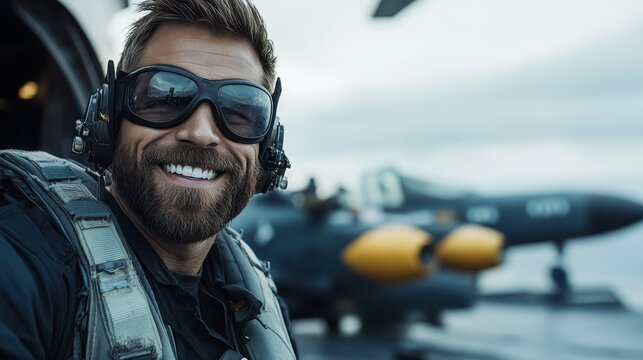 A cheerful pilot wearing advanced gear is smiling confidently in front of a modern military aircraft, symbolizing bravery and the thrill of aviation service.