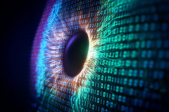 Futuristic digital eye concept with neural data visualization and binary code