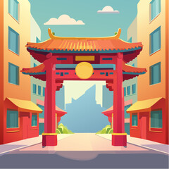 Colorful Vector Illustration of a Vibrant Chinatown Gate with Traditional Ornate Details, Red and Gold Accents, Lanterns, and Cultural Symbols; A Celebration of Heritage and Architecture