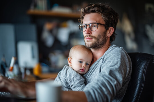 Caring father works from home holding his precious baby - Powered by Adobe