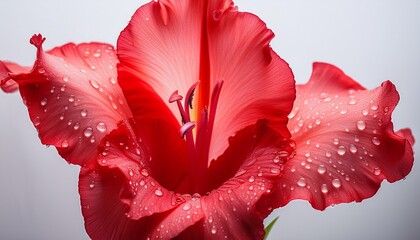 elegant red gladiolus flower with water droplets on delicate petals blooms against a light solid background emphasizing its grace and freshness