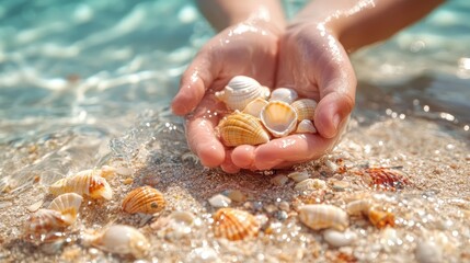 A close-up view of hands cupping various colorful seashells, capturing the essence of a relaxing day at the beach and the beauty of nature's treasures.