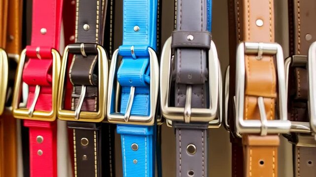 Close-up view of colorful leather belts with metal buckles hanging for sale at a retail shop