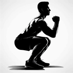 A black and white silhouette of an athletic man doing squats. Vector graphics. EPS.
