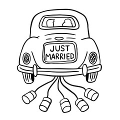 Just married wedding car. Whimsical wedding doodle.