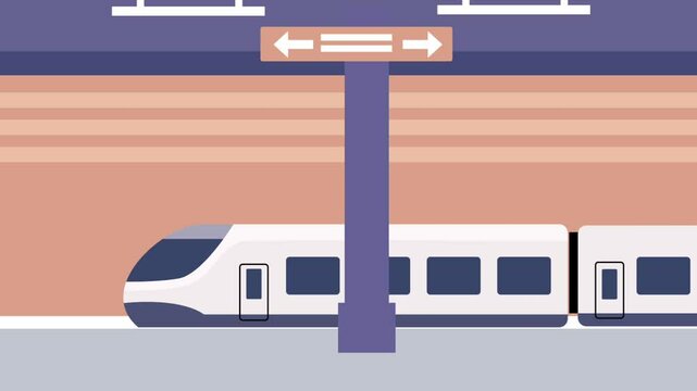 A high-speed bullet train arrives at a station platform, showcasing motion, efficiency, and modern transport design in a clean illustration