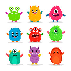 set of cartoon monsters. Cute monster in flat style. Kids funny character design for posters, cards, magazins. 