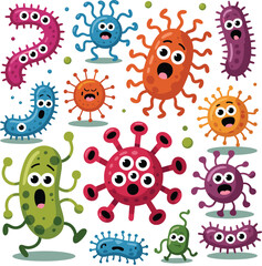 Cheerful Cartoon Bacteria and Virus Set with Googly Eyes and Happy Faces, Representing Microbes in a Fun Way.