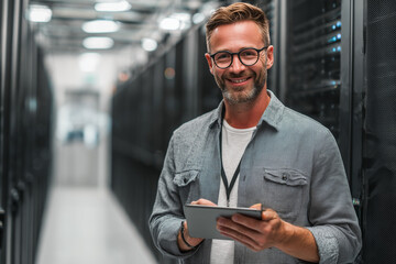 Smiling engineer managing a complex data center network infrastructure