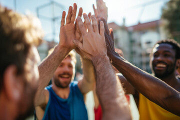 Diverse team players engage in a group team huddle for celebration