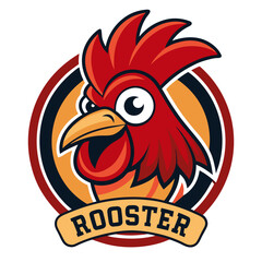 Bold cartoon rooster mascot logo with rooster text