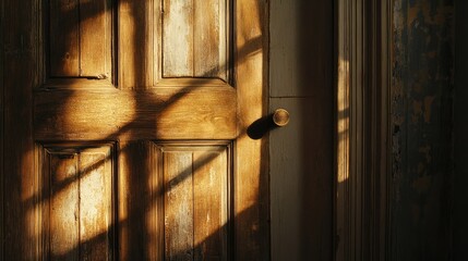 Sunlight streams through a weathered wooden door