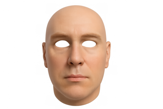 Realistic bald mask isolating facial features, providing anonymous identity coverage for creative design needs