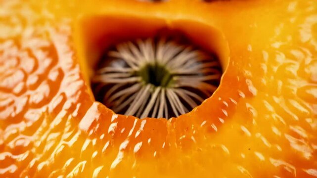 Close-up shows the inner details and seeds of a sliced gac fruit with its vibrant orange color and rich texture.