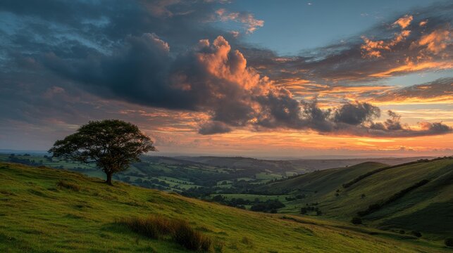 Scenic sunset over lush green valley near Exeter with solitary tree and dramatic clouds in the sky creating a serene landscape atmosphere.