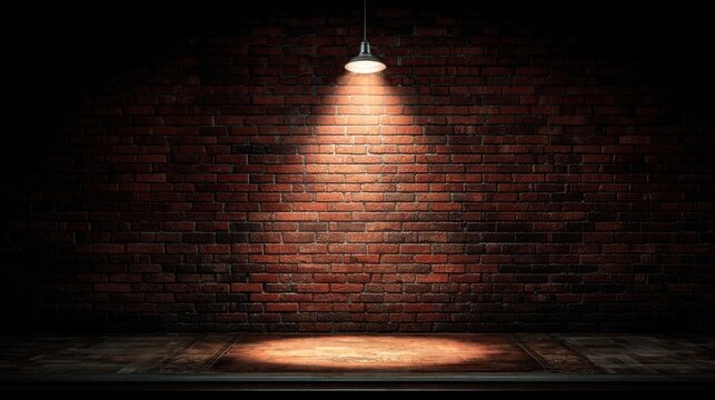 Classic comedy stage with brick wall backdrop, a bright center spotlight highlighting the stage floor, no furniture or props.