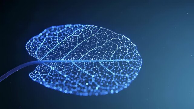 An intricate, glowing blue network illuminates the delicate structure of a leaf skeleton in a static closeup. The futuristic, bioengineered plant concept floats in a dark, atmospheric environment.