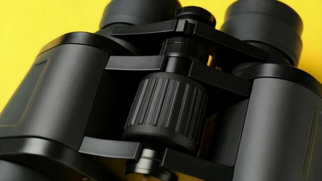 Close-up of large black binoculars against bright yellow backdrop for observing wildlife and distant objects during outdoor activities