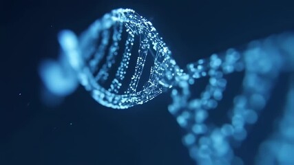 An abstract 3D animation of a DNA molecule spinning in slow motion. The close-up view with a shallow depth of field shows a glowing blue double helix structure against a dark, futuristic background. - Powered by Adobe