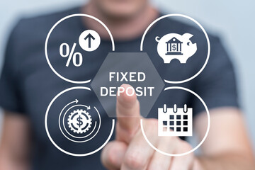 Benefits of fixed deposit an investment option concept. Person using virtual touch screen presses the inscription: FIXED DEPOSIT. Fixed deposit banking technology.