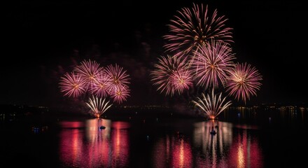 Vibrant Pink And Red Fireworks Display Over Water At Night