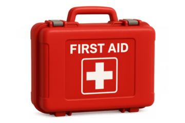 Closed red plastic first aid kit featuring a white cross and text, isolated on a transparent background for clear visibility