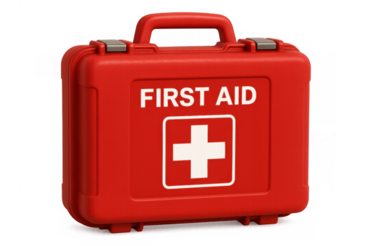 Closed red plastic first aid kit featuring a white cross and text, isolated on a transparent background for clear visibility