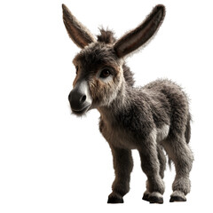 Obraz premium A baby donkey with short fuzz and long ears, standing beside a hay bale. Soft light to emphasize innocence. 8K, high detail, ultra-sharp, transparent background style