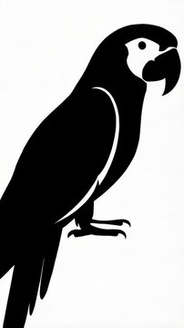 Striking silhouette illustration of a parrot perched, rendered in minimalist black and white graphic design for diverse applications.