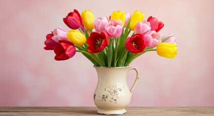 Obraz premium Colorful Tulip Bouquet in Vintage Vase on Wooden Table