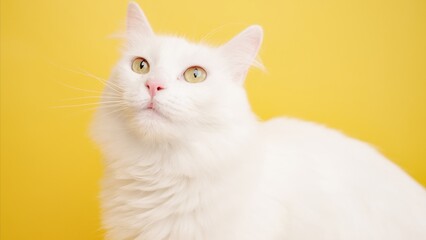 White turkish angora cat posing on yellow background