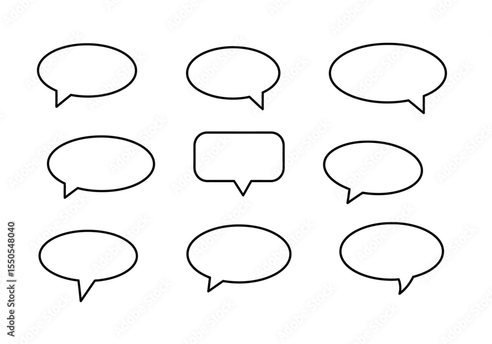 Poster 9 outlined speech bubbles various shapes and sizes arranged in a grid pattern on a white background
