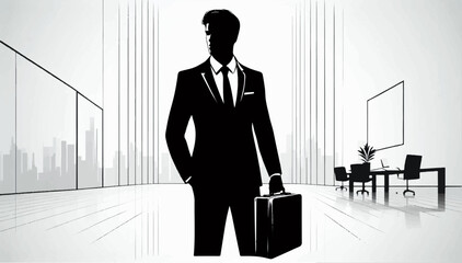A black and white silhouette of a young successful man in a suit who is in his office. Vector graphics. EPS.