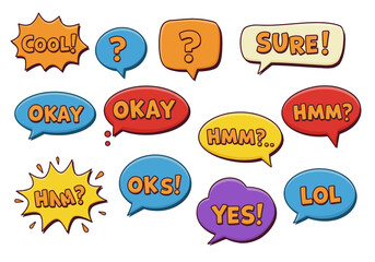 Cartoon speech bubbles with various wordsphrases COOL SURE OKAY HMM OKS LOL and YES